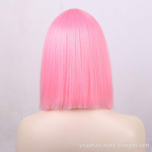 Pink Bob  Wig with Bangs Short Straight Synthetic Hair Wigs for  Women Neon Pink Shoulder Length Wig for Daily Cosply Party Use